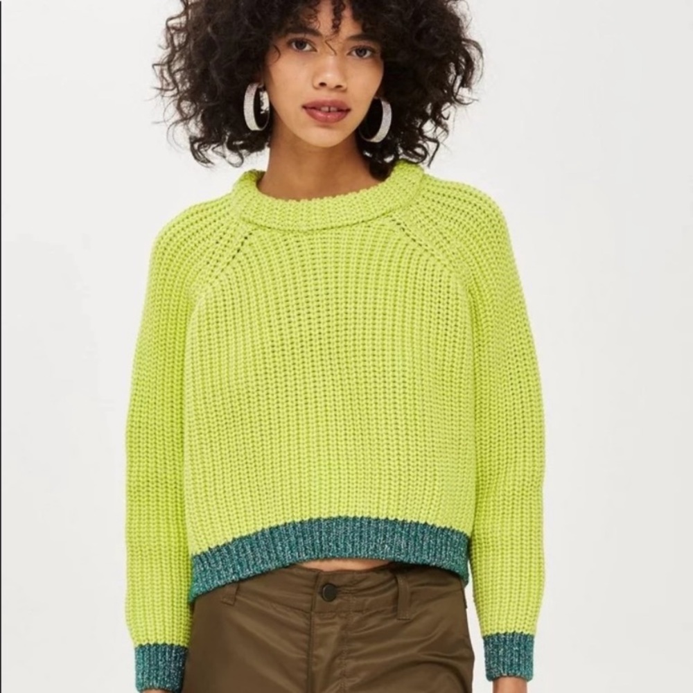 Topshop Lime Green Sweater with Teal Trim